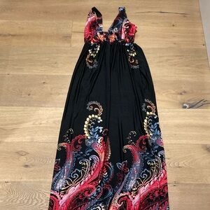 Black Maxi Dress with Red and Blue Paisley Design